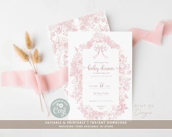 Pink Toile Flora Baby Shower Invitation Set, Vintage Invite, Floral Chinoiserie Blush Baby Shower, Victorian Baby Shower | PTDJ02