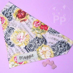 Vintage music Over the collar dog bandana, personalized dog bandana, reversible dog bandana, slip on collar, custom dog bandana, cat bandana