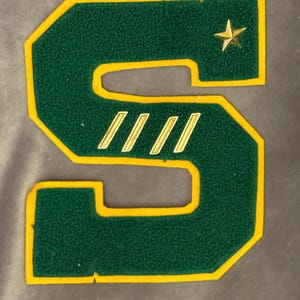 May include: Green felt letter S with a yellow outline and three gold stripes. A gold star is in the upper right corner.