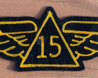 Vintage/antique embroidered felt patch-Wings triangle symbol with “15”