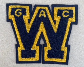 Vintage chenille 2 layer applique patch-letter “W” with 2 color chenille and letters “G, A, C” inside of letter