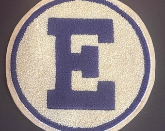 Vintage chenille Large patch-circle “E” with chain stitching embroidery