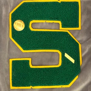 May include: A large green felt letter 'S' with a yellow outline. The letter has a small gold circle with a baseball inside on the top left corner.