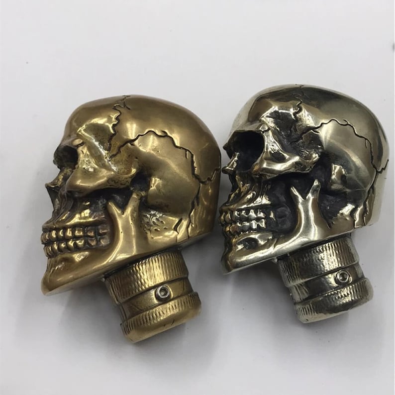 May include: Two skull-shaped decorative knobs, one in polished brass and one in silver, with intricate details. The knobs have a threaded base for attachment.
