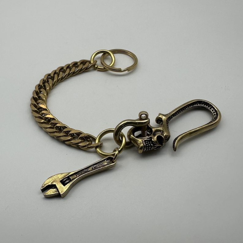 Brass Skull Keychain Biker Belt Hook Key Holder Manager Hand Crafted image 1
