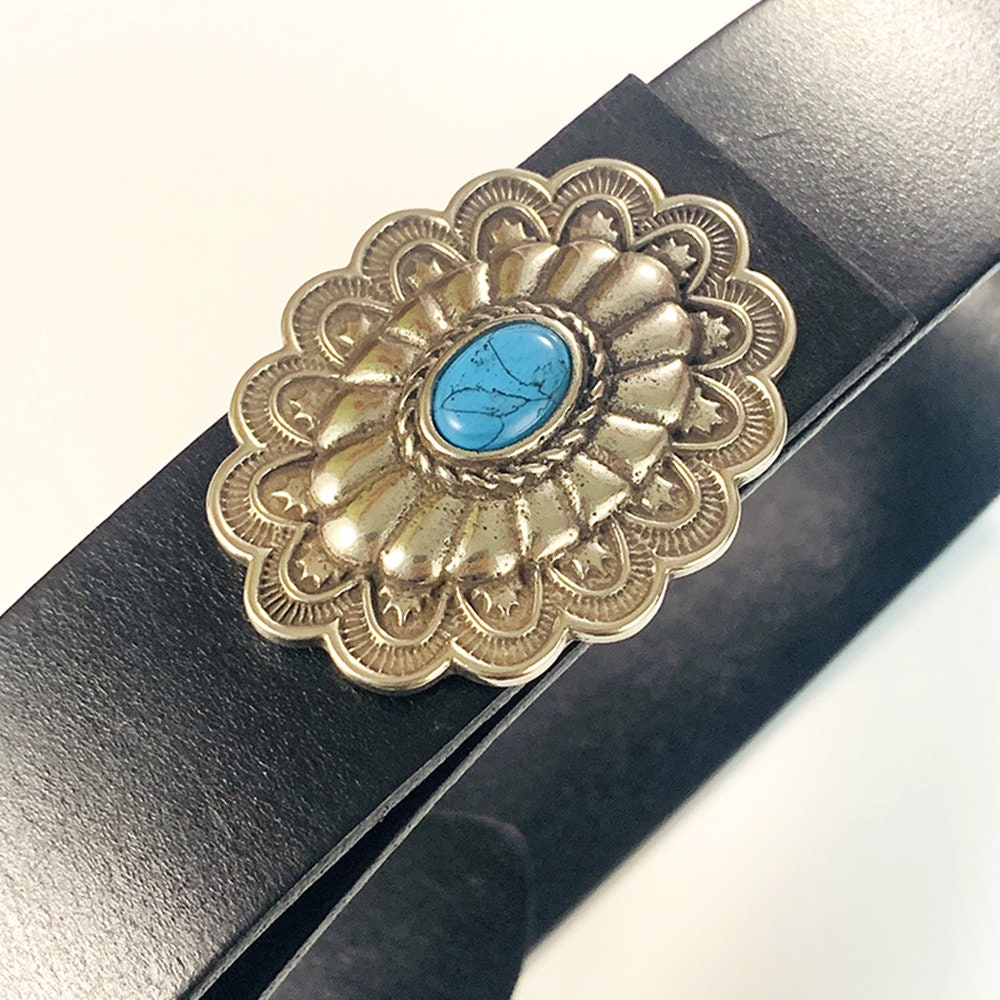 ターコイズフラワーコンチョピンバックル59*46mm、レザーベルト装飾