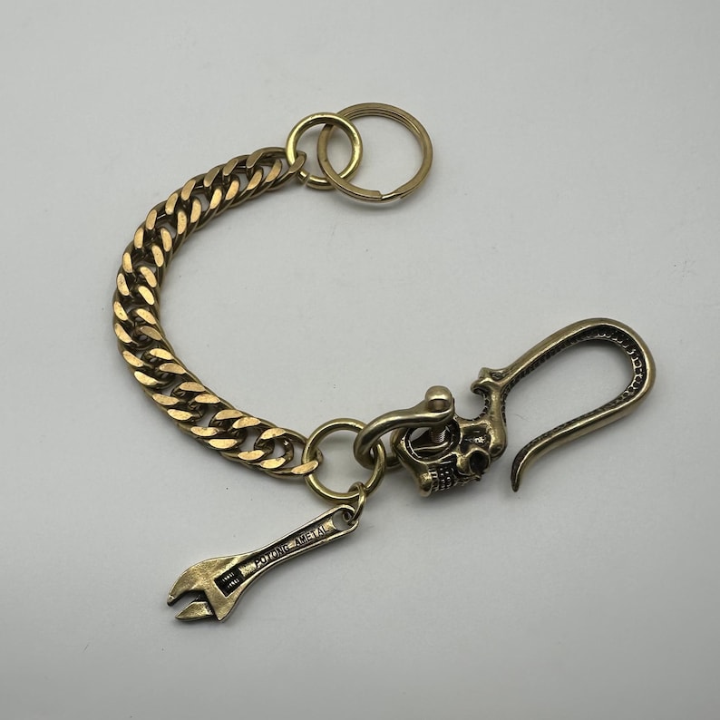 Brass Skull Keychain Biker Belt Hook Key Holder Manager Hand Crafted image 2