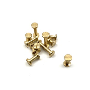 May include: A group of brass screw-in standoffs, also known as spacers, are scattered on a white surface. The standoffs are a shiny gold color and have a round head with a threaded shaft.