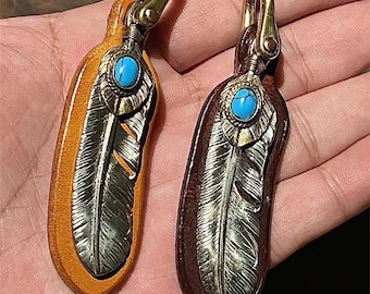 Dije de pluma de cuero, colgante para joyería, joyería de pluma turquesa