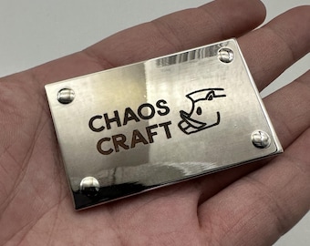 Etiqueta de equipaje personalizada, etiqueta grande de metal para equipaje, etiqueta de cuero, logotipo de marca personalizado, tamaño 59,6 x 37,6 mm