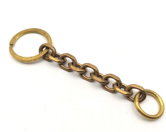 Handmade Brass Key Chain Ring Curb Chain + Skull Pendant + Snap - Foto 11