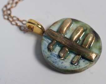 Abstract Gold Blue Porcelain Pendant 16" Gold Filled Chain