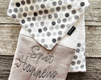 Burp Cloth n Bib Newborn Baby Gift Set - Best Baby Shower Gift - New Mom Gift - Boy Mom - Girl Mom - Grey - Neutral - Spit Happens