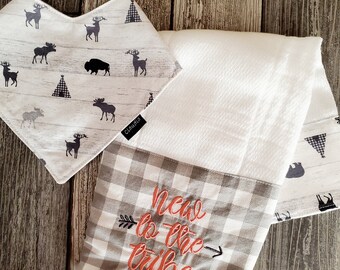 Burp Cloth n Bib Newborn Baby  Gift Set - Best Baby Shower Gift - New To The Tribe