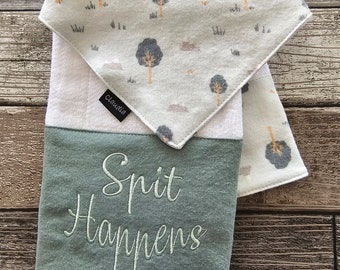 Burp Cloth n Bib Newborn Baby Gift Set - Best Baby Shower Gift - New Mom Gift - Boy Mom - Girl Mom - Moss Green - Spit Happens