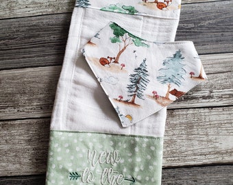 Burp Cloth n Bib Newborn Baby  Gift Set - Best Baby Shower Gift - Woodland Forest Animals - Fox - Bear - Deer - New To The Tribe