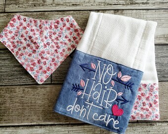 Burp Cloth n Bib Newborn Baby  Gift Set - Best Baby Shower Gift - Pink Blue Floral / No Hair Don’t Care