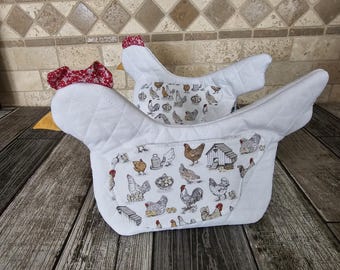 2 Chicken Oven Hot Mitt - Farmhouse Pot Holders - White - Chicken Gift