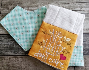 Burp Cloth n Bib Newborn Baby  Gift Set - Best Baby Shower Gift - Daisy Floral / No Hair Don’t Care