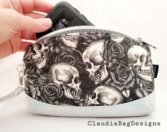 Clematis Clutch Bag - Skulls Zipper Pouch Wristlet - Goth Bag - Gothic - Metallic Black White