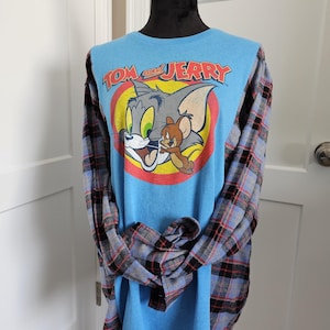 Upcycled Tom & Jerry Flannel Shirt: Reworked Oversized Cartoon Fashion