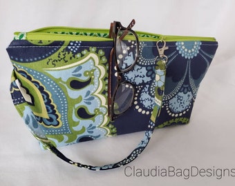 Mega Zipper Pouch - Blue Green Floral- Large Zipper Bag - Diaper Bag - Travel Baby Wipes Case - Cosmetic - Toy- Knitting Project Bag