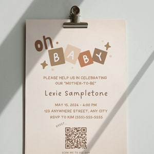 Invitación neutral de la fiesta de bienvenida al bebé ¡Oh bebé! Descarga digital para plantilla Canva Código QR escaneable para registro de bebé Baby Shower minimalista beige