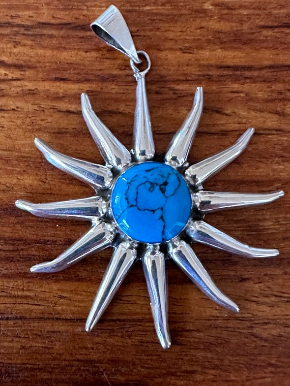 Turquoise Large Sterling Silver Sun Pendant - image 1