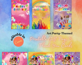 Art Themed Birthday Gift Tags, Artsy Thank You Cards, Printable Canva Layout, Painting Birthday, Paint Party Kits, Painting Party Cards DFY