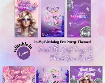 In My Birthday Era Gift Tags, Printable Thank You Card, Taylor Inspired Party Favors, Editable Kids Birthday Party, Swiftie Purple Hangtags