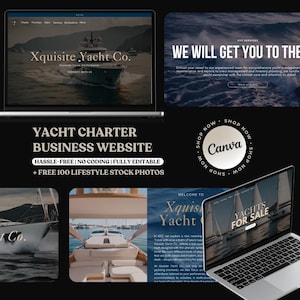 Puede incluir: Una maqueta de sitio web para un negocio de alquiler de yates llamado "Xquisite Yacht Co.". El sitio web presenta un diseño moderno con imágenes de yates de lujo y una llamada a la acción para "Conectar con nosotros".