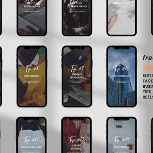 Editable faceless business tips reels displayed on smartphones for social media use