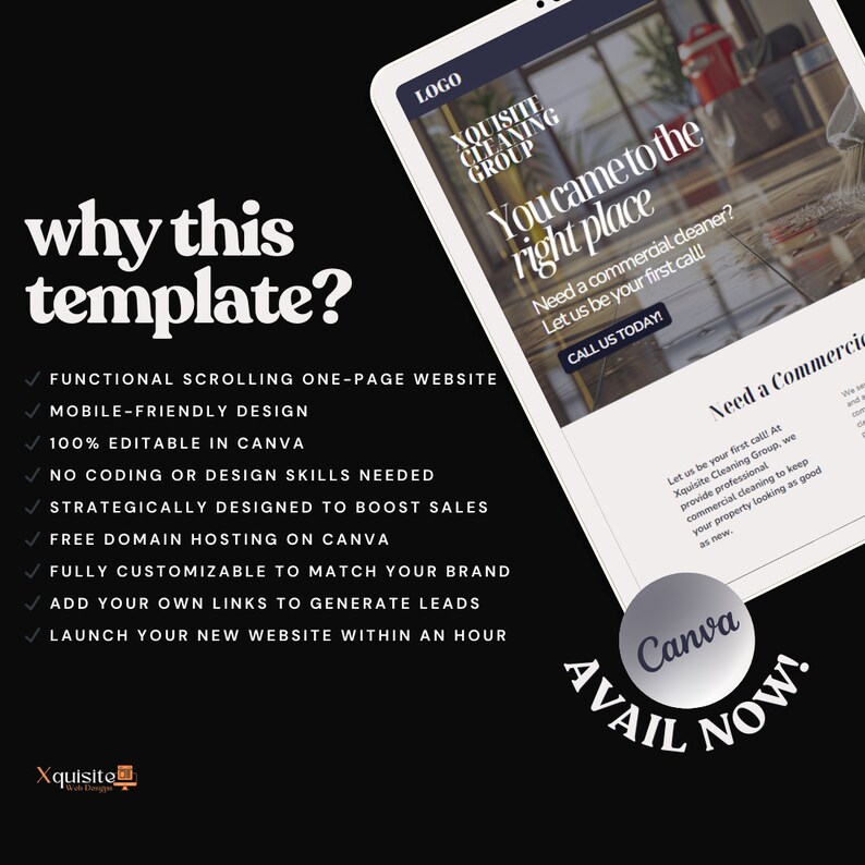 Tablet screen showing cleaning service website. Lists benefits: scrolling one-page site, mobile-friendly, 100% editable on Canva, no coding skills needed, customizable, and more. Emphasizes ease of use and customization.