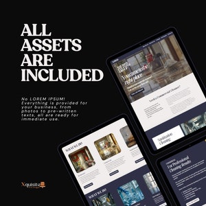 Multiple tablet screens display sections of the cleaning service website. Text assures all assets included, no placeholder text; everything is ready for use, including photos and pre-written texts.