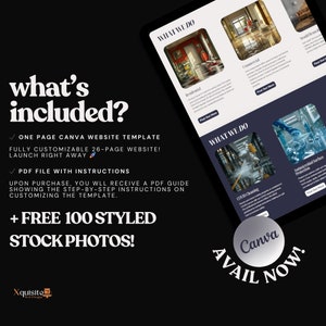 Tablet screen showing cleaning service website. Lists contents: one-page Canva website template, customizable 26-page site, PDF guide with instructions, and 100 styled stock photos. Text highlights comprehensive package.