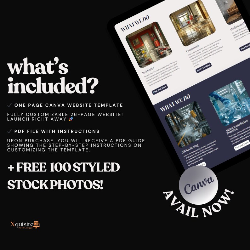 Tablet screen showing cleaning service website. Lists contents: one-page Canva website template, customizable 26-page site, PDF guide with instructions, and 100 styled stock photos. Text highlights comprehensive package.