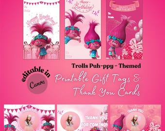 Trolls Pop-py Gift Tags, Printable Thank You Card, Party Favors, Editable Kids Party, Pink Party Gift Tags, Kids Gifts, Girls Birthday Gift