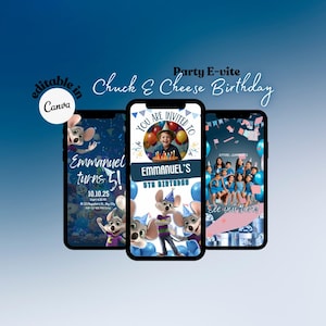 May include: A digital invitation for a Chuck E. Cheese birthday party. The invitation features a cartoon mouse character, balloons, and the text "You are invited to Emmanuel's 5th Birthday".