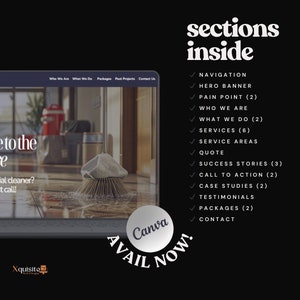 Laptop screen showing cleaning service website homepage with sections: Navigation, Hero Banner, Pain Point, Who We Are, What We Do, Services, Service Areas, Quote, Success Stories, Call to Action, Case Studies, Testimonials, Packages, and Contact.