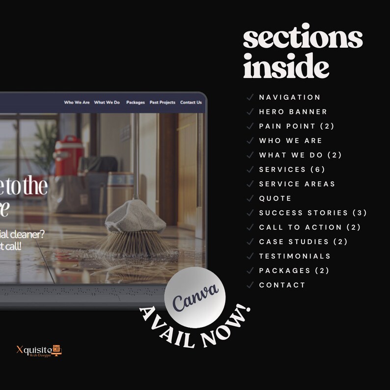 Laptop screen showing cleaning service website homepage with sections: Navigation, Hero Banner, Pain Point, Who We Are, What We Do, Services, Service Areas, Quote, Success Stories, Call to Action, Case Studies, Testimonials, Packages, and Contact.