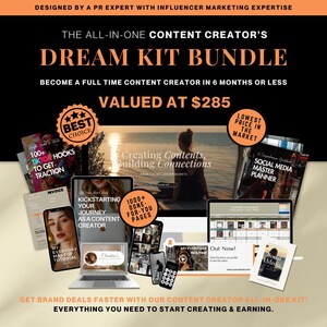 May include: A digital marketing kit for content creators, valued at $285. The kit includes a variety of resources, such as social media planner, TikTok hooks, makeup tutorial, and more. The kit is designed to help creators build their brand and grow their audience.