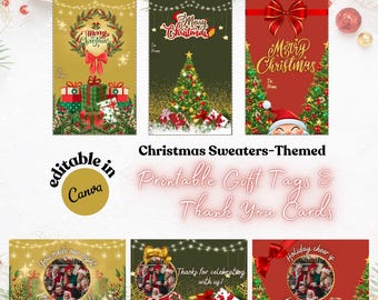 Ugly Christmas Sweater Gift Tags, Printable Thank You Card, Christmas Card Template, Editable Thank You Note, Christmas Sweaters Hangtag DFY