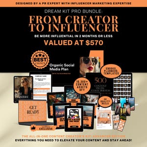 May include: A digital marketing kit for content creators, featuring a variety of resources, including ebooks, planners, templates, content assets, stock photos, and video reels. The kit is valued at $570 and includes over 10,300 content assets and 500 stock photos. The kit is designed to help creators become more influential in two months or less.