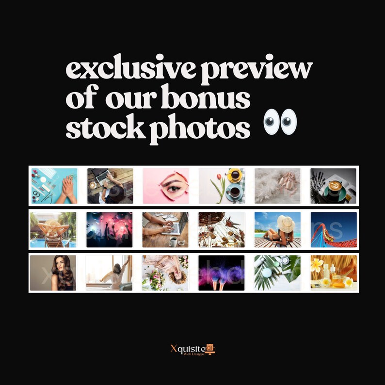 Grid of bonus stock photos included with the cleaning service template. Themes include wellness, beauty, lifestyle, fitness. Text highlights exclusive preview of bonus photos.