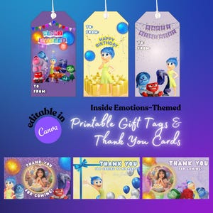 Inside Emotions Gift Tags, Printable Thank You Cards, Emotions Party Favors, Kids Party, Kids Birthday Cards, Feelings Birthday Gift Tags