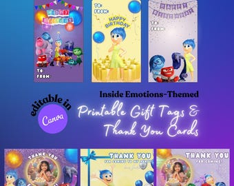 Inside Emotions Gift Tags, Printable Thank You Cards, Emotions Party Favors, Kids Party, Kids Birthday Cards, Feelings Birthday Gift Tags