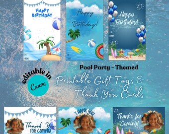 Summer Party Gift Tags, Printable Thank You Card, Birthday Card, Editable Thank You Note, Poolside Gifts Hangtag, Pool Party Favors For Kids