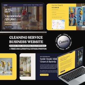 May include: A promotional image for a cleaning service business website. The image features two laptops displaying website mockups, along with cleaning supplies and text that reads "Cleaning Service Business Website" and "Make Your Property COVID secure."
