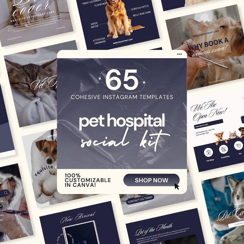 65 cohesive Instagram templates for pet hospitals featuring various design elements like cute dogs, cats, and professional layouts customizable in Canva for veterinary clinics and pet care services