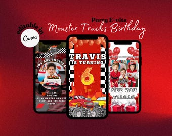 Monster Trucks Video Invitation, Monster Jam Digital Invite, Party Evite, Editable Kids Birthday Invitation, Truck Toys E vites with RSVP